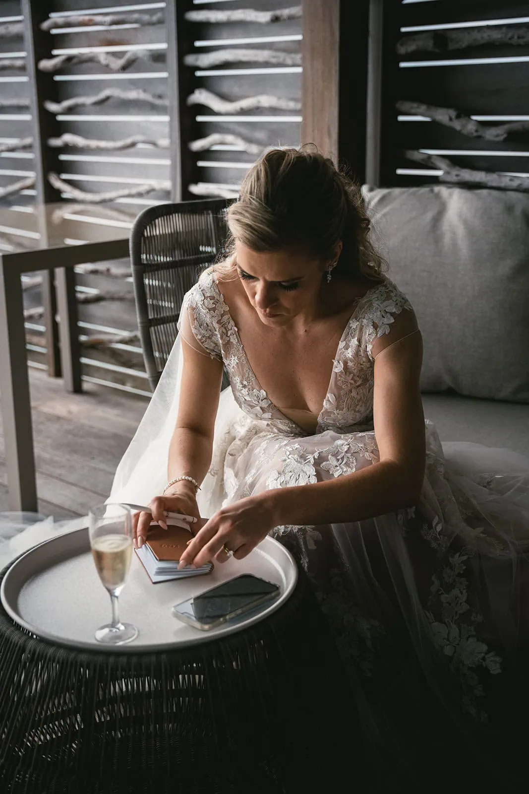 Bride in a peaceful moment before the elopement ceremony in French Polynesia