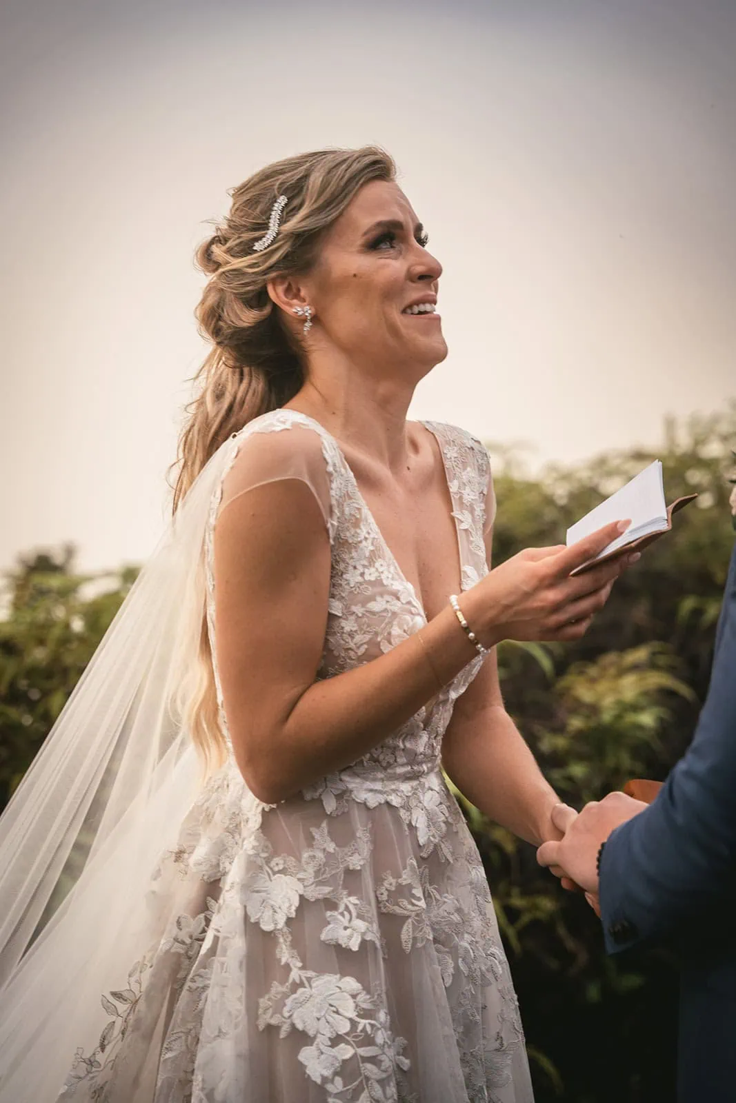 Close-up of the bride while exchanging vows in French Polynesia