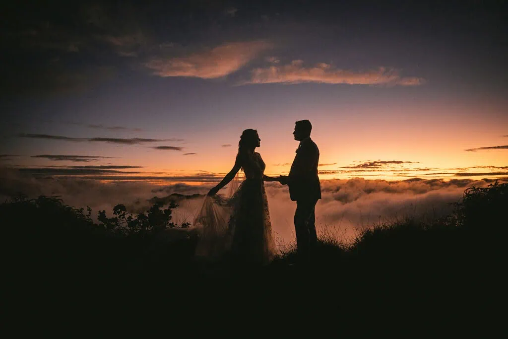 Bride and groom's first dance on the clouds in French Polynesia