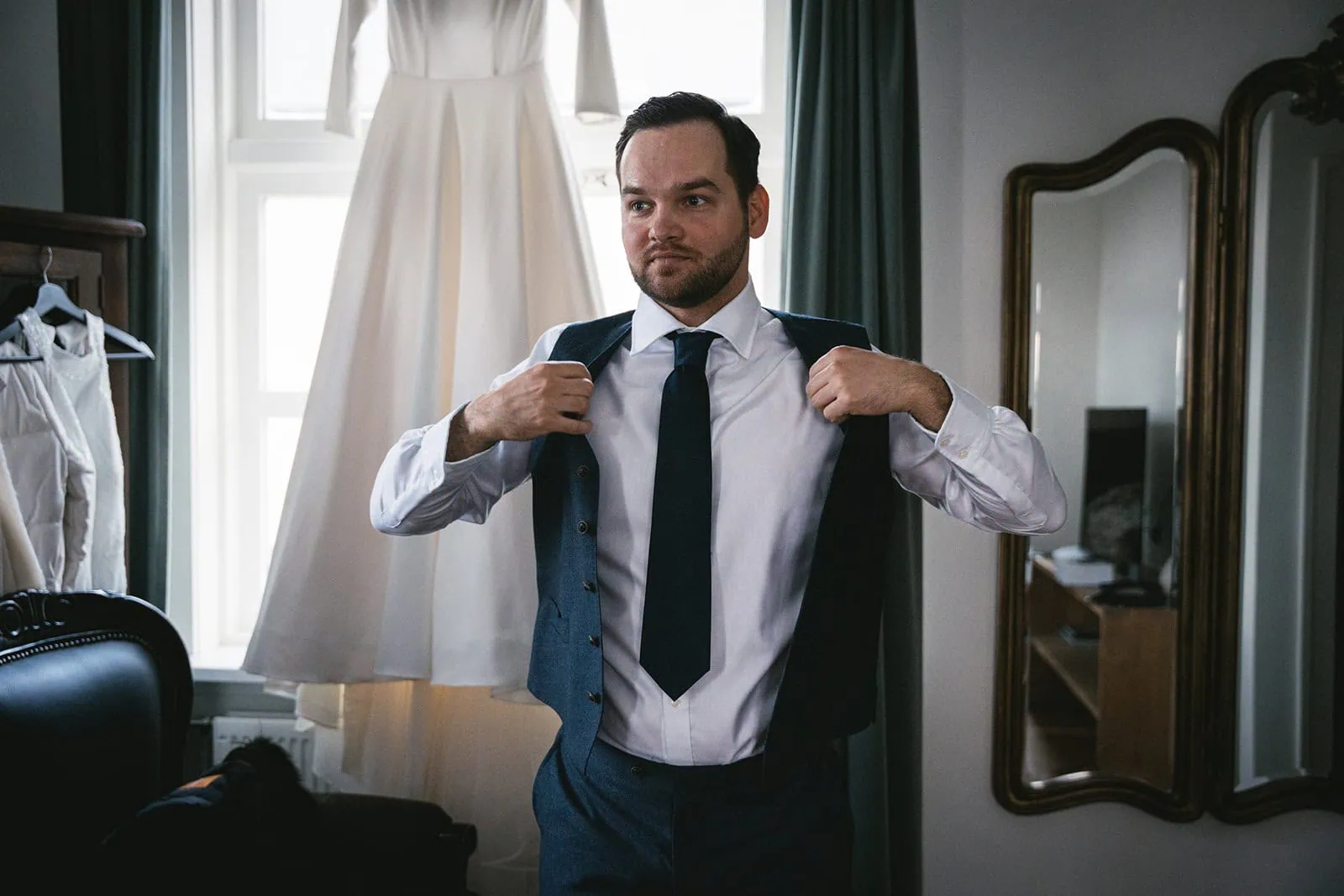 Groom's suit during an Iceland elopement