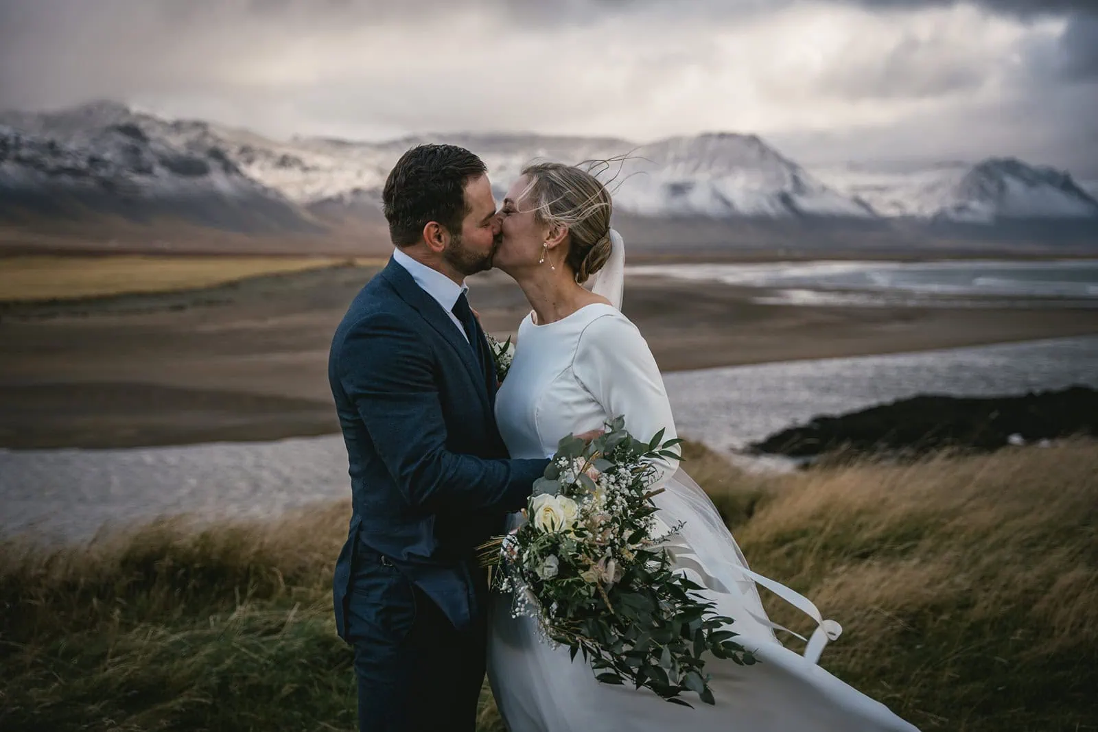 Romantic kiss captured during an elopement in Iceland