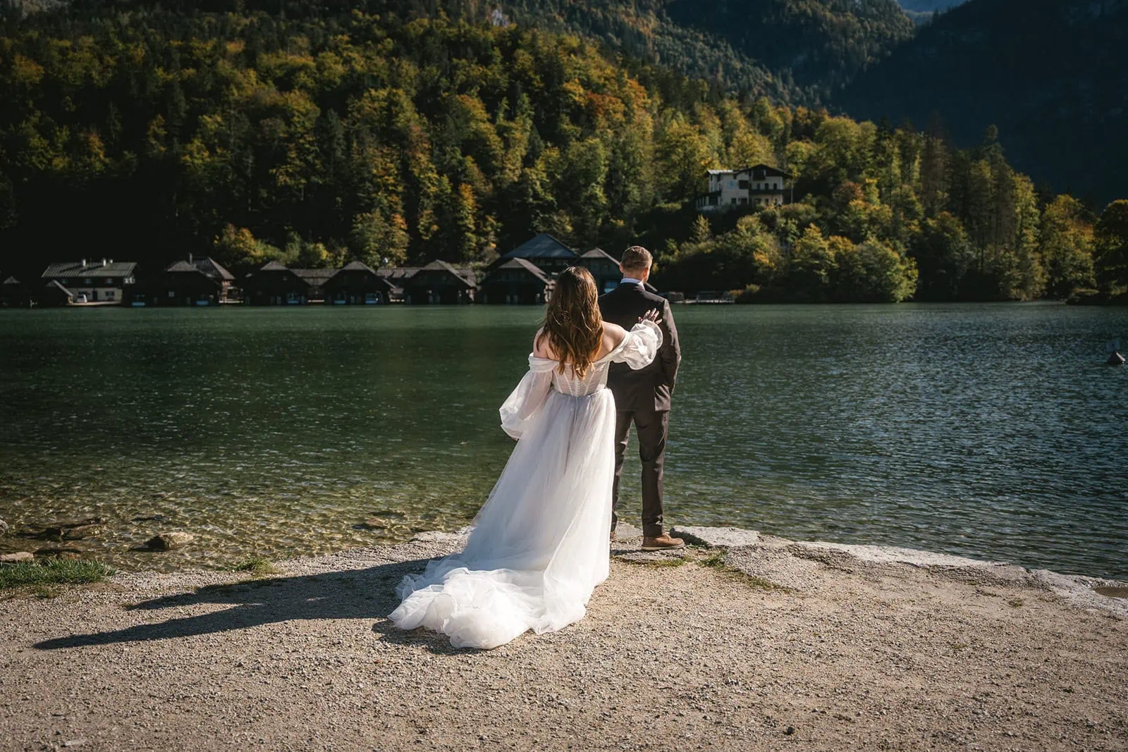 Elegant bride joigning her groom in a Germany elopement