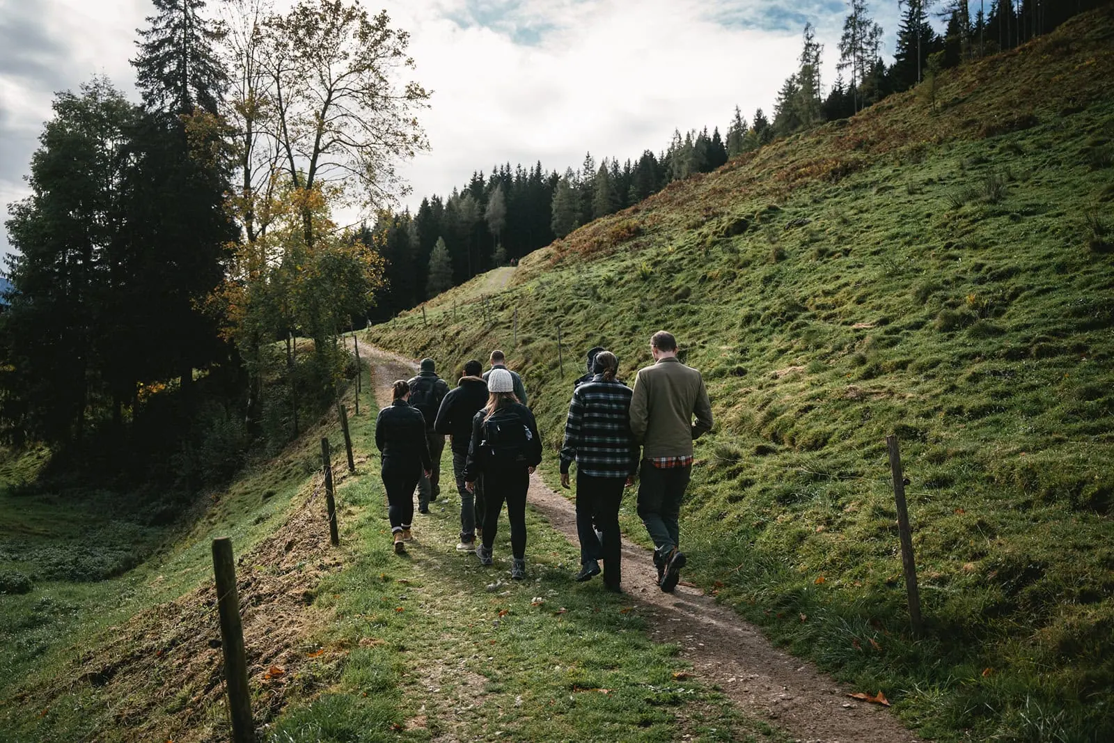 Newlyweds and their guests in the Austrian countryside, during an elopement adventure