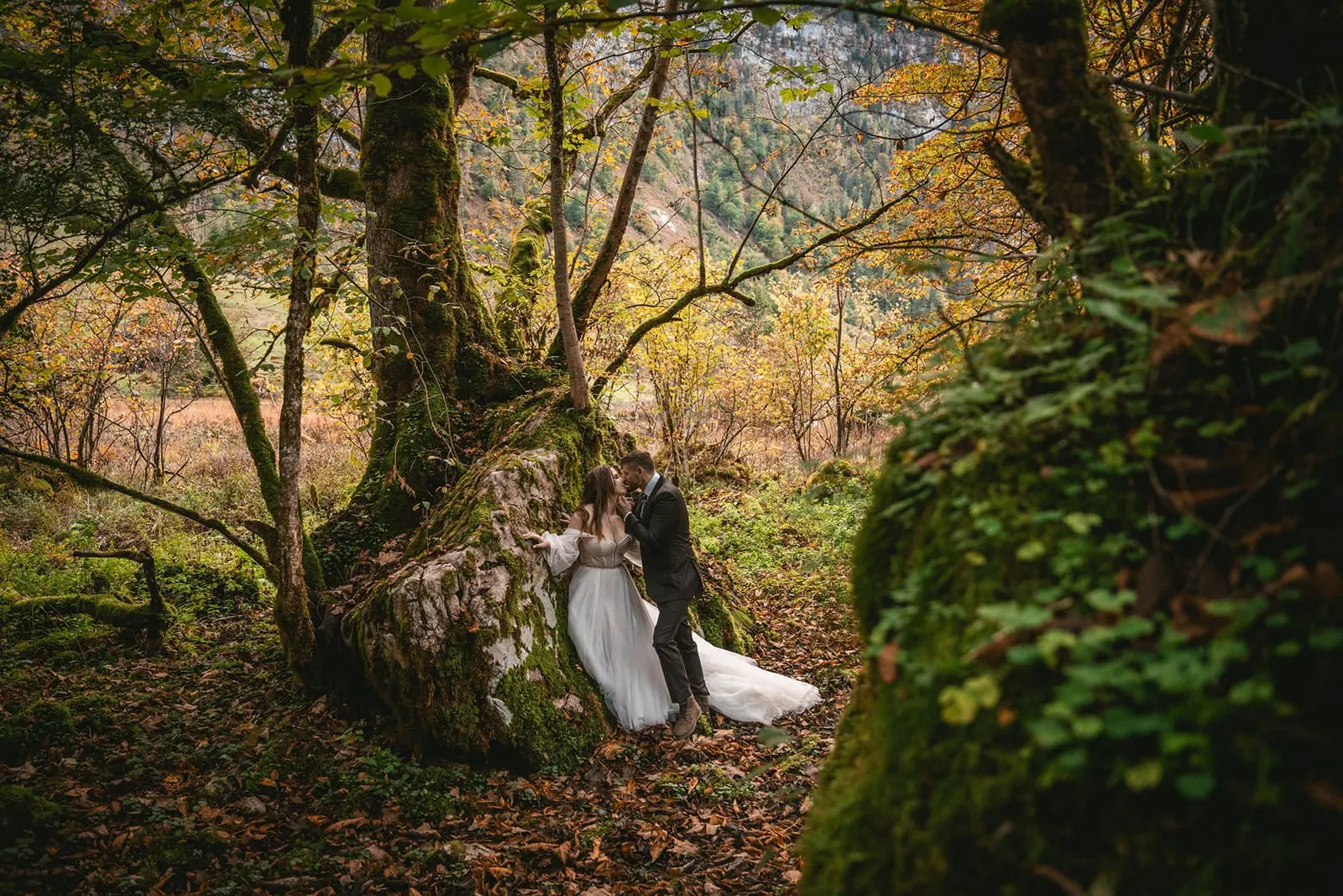 Heartfelt embrace beneath an ancient oak in Austria, deeply personal Austria elopement