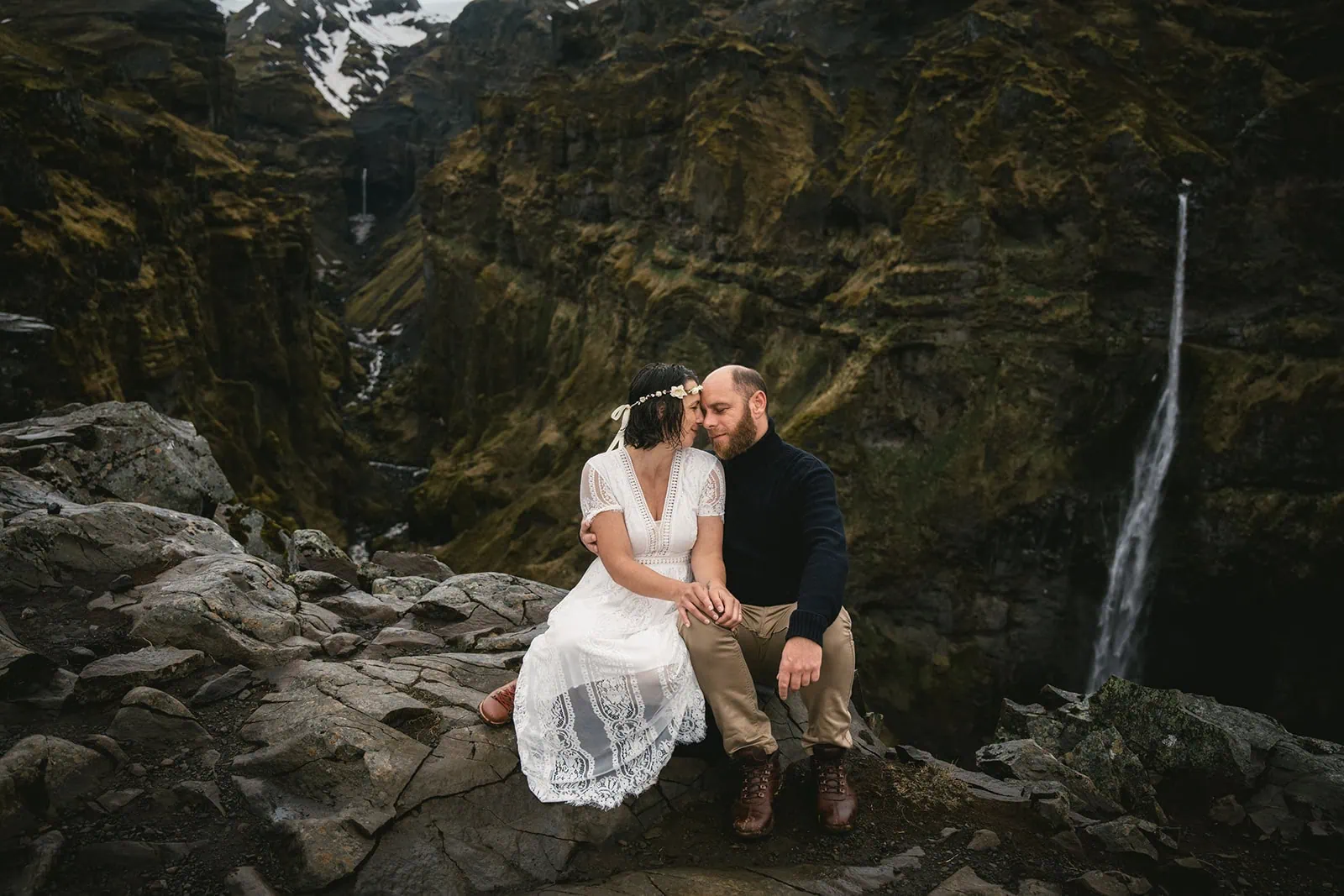 Joyful embrace after the ceremony during the Mulafjulfur elopement