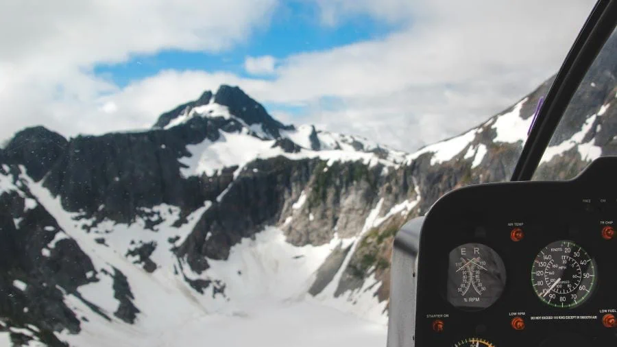 Vancouver Island elopement packages - Winter mountains in a helicopter