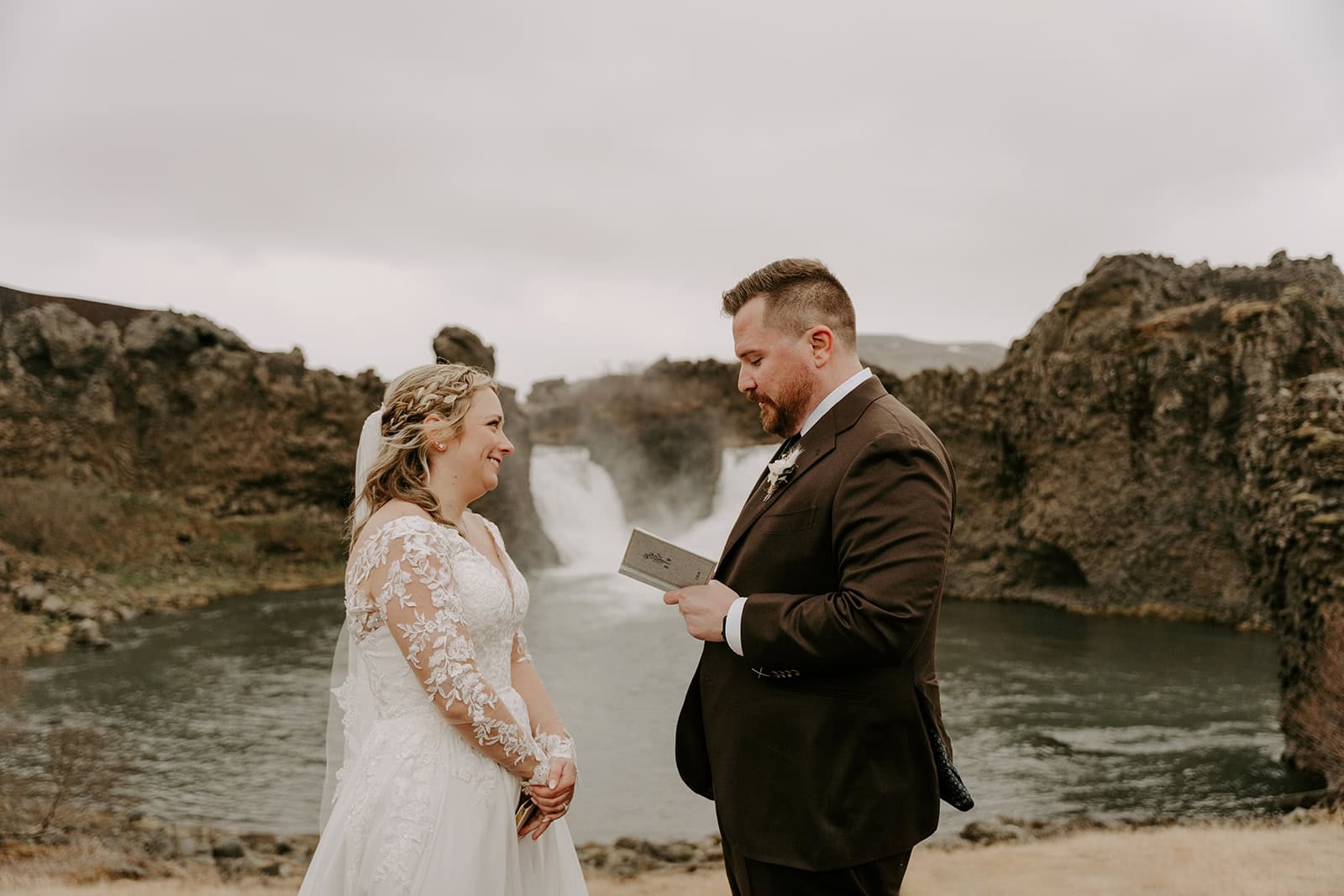 Icelandic waterfall providing the perfect backdrop for a stunning elopement ceremony