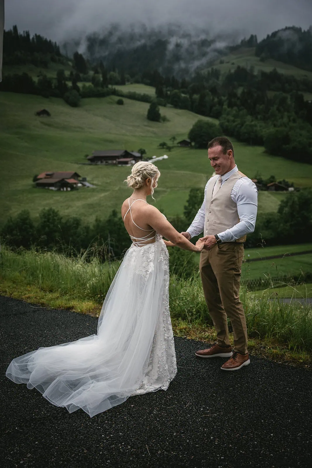 First look on a rainy day during a Switzerland elopement
