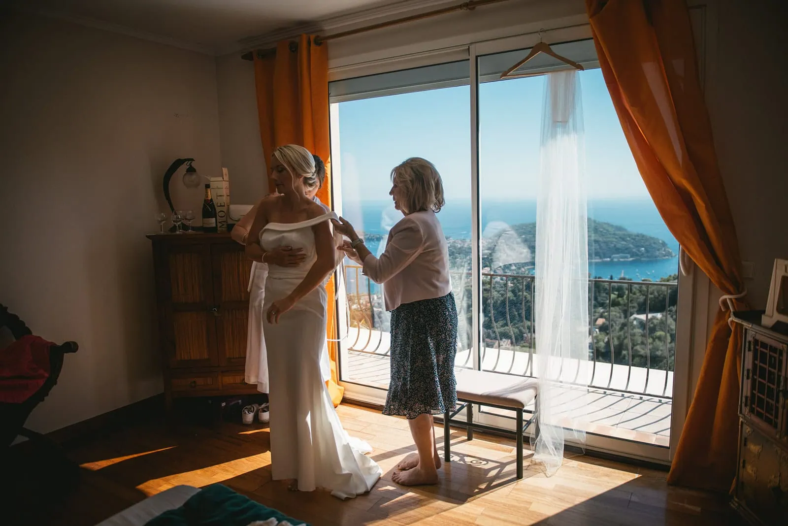 Bride's set-up with a stunning view of the Riviera before the South of France elopement ceremony
