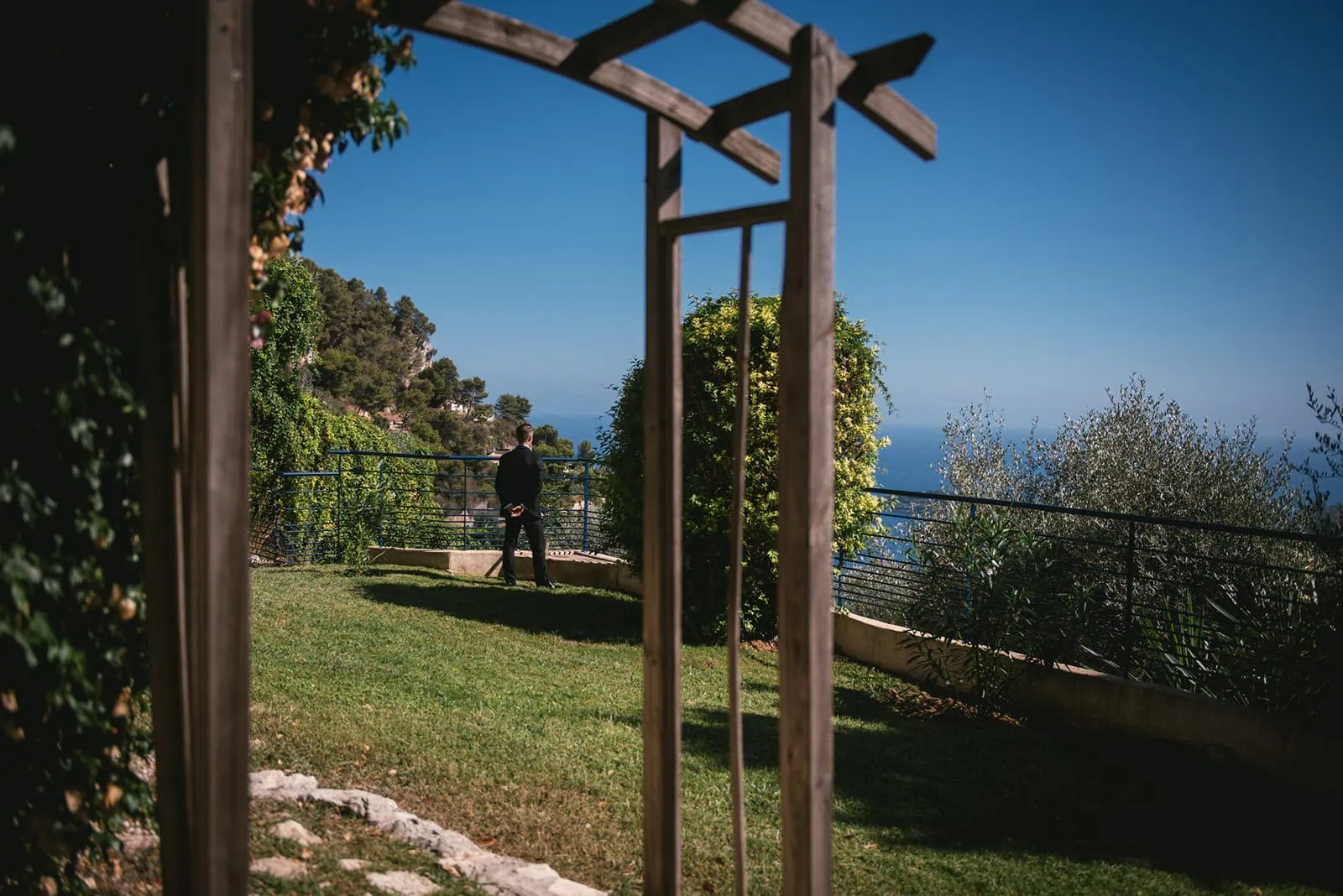Groom waiting for his bride for the first look during their South of France elopement