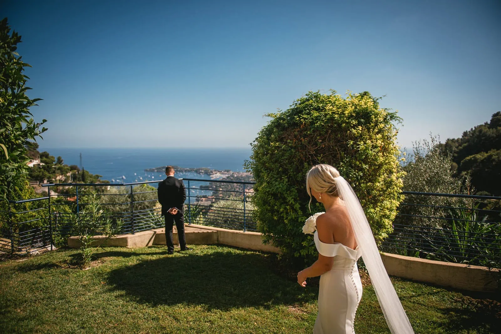 South of France elopement: Bride joining the groom for their first look