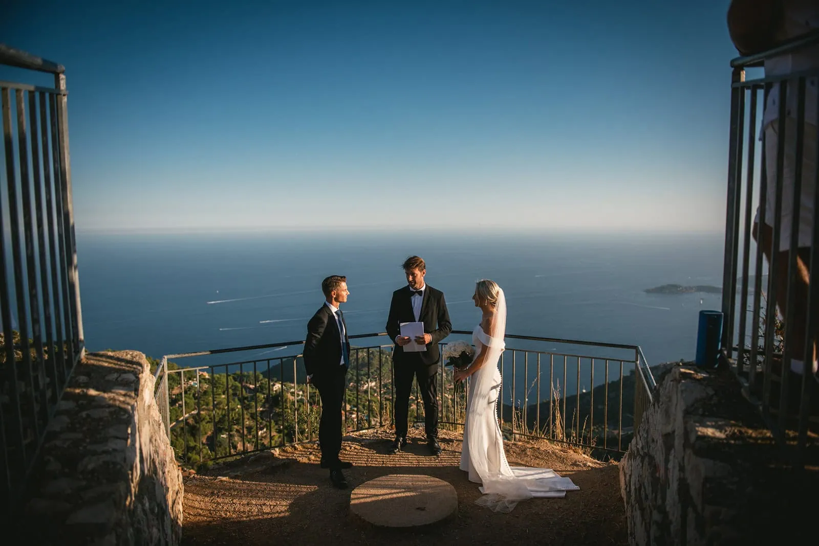 The couple gazing at each other during their South of France ceremony elopement