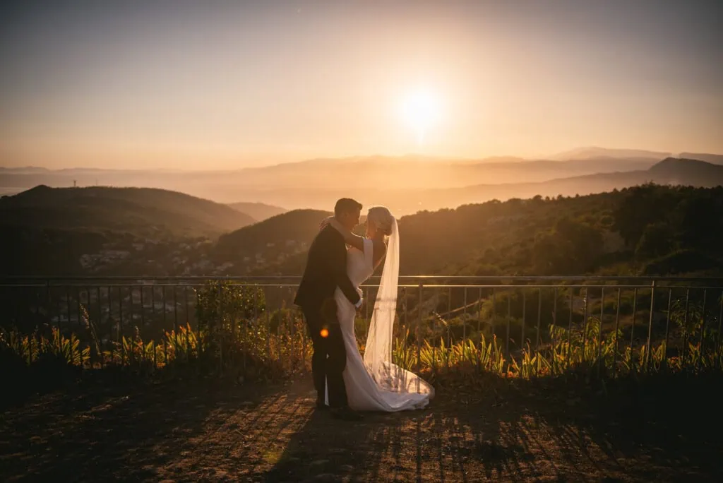 Sunset glow creating a romantic atmosphere for this South of France elopement