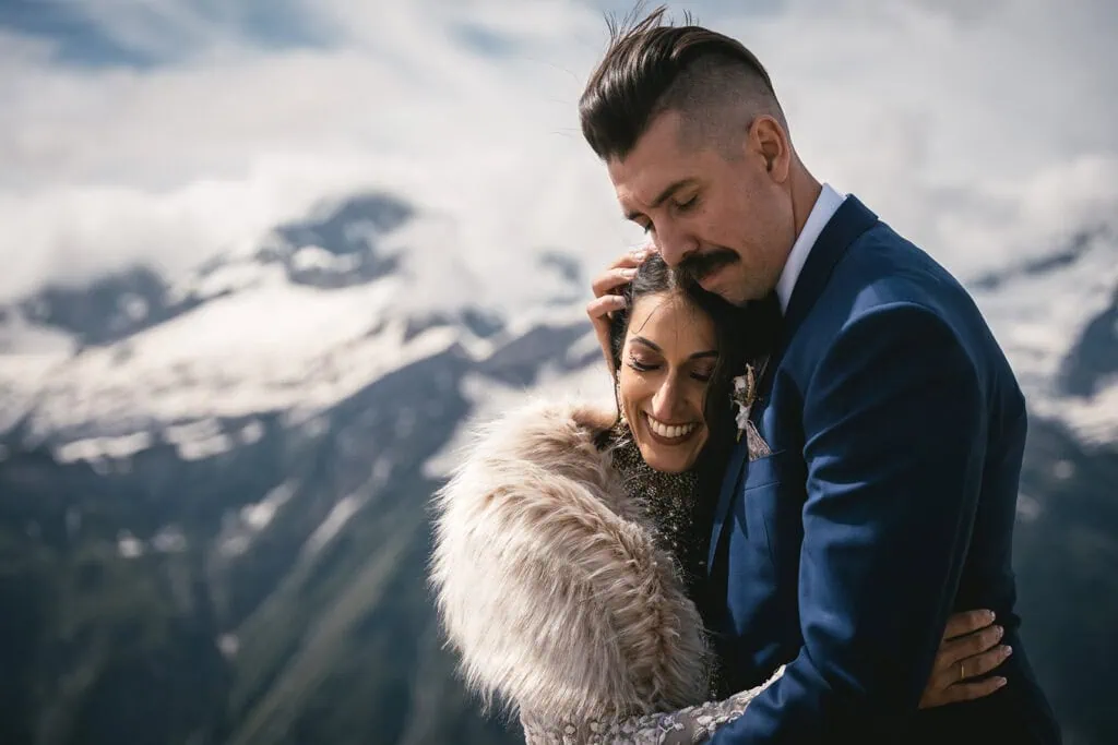 An intimate moment between the couple with the Swiss Alps as their backdrop during their Zermatt elopement.