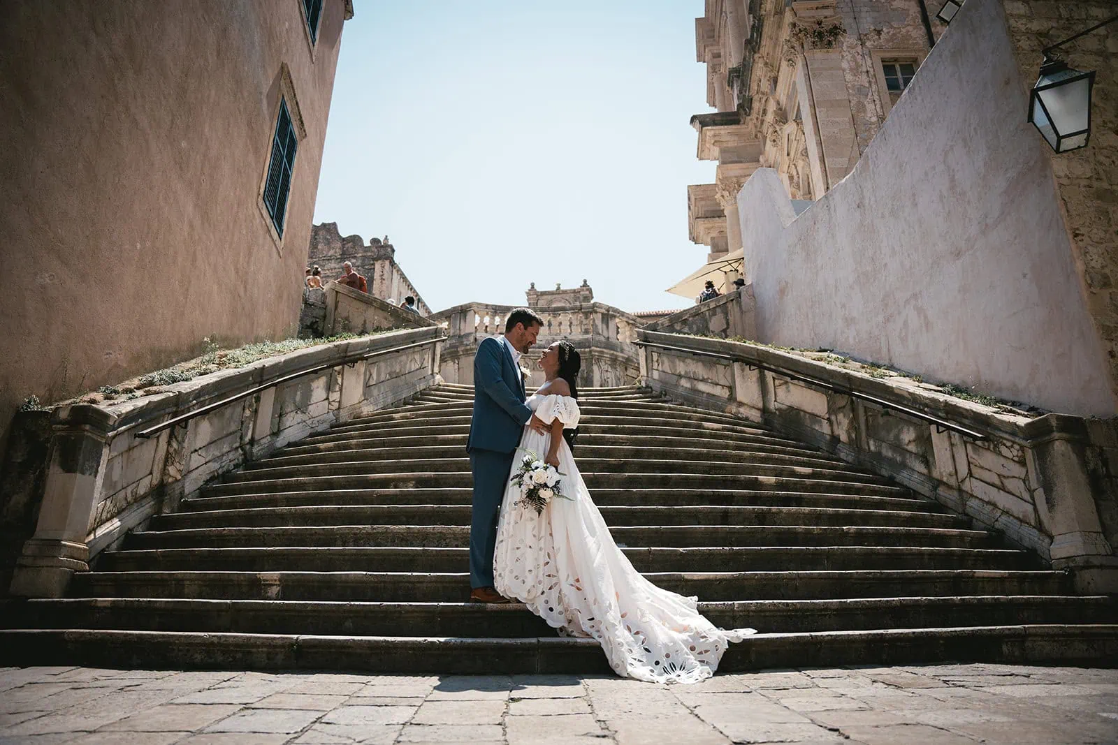 An old staircase as background during an epic elopement in Dubrovnik