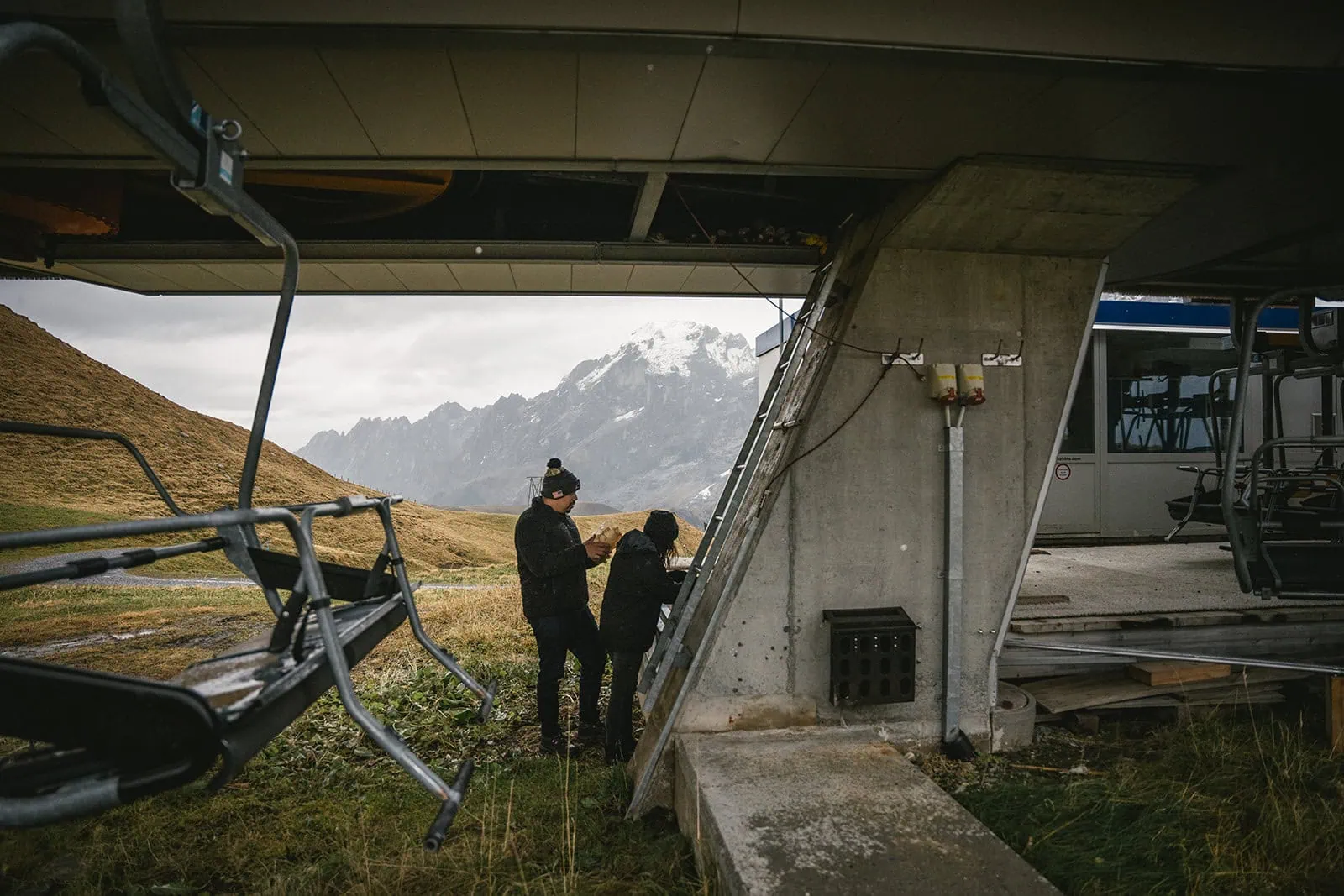 Getting a cable car to start their adventurous Gornergrat elopement