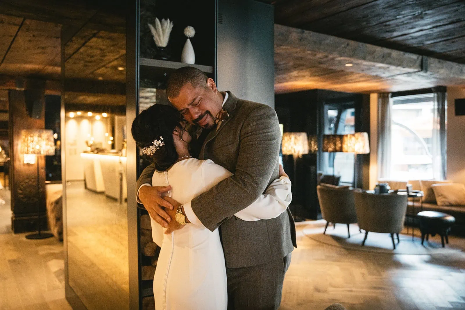 A loved embrace after the first look of their Gornergrat elopement