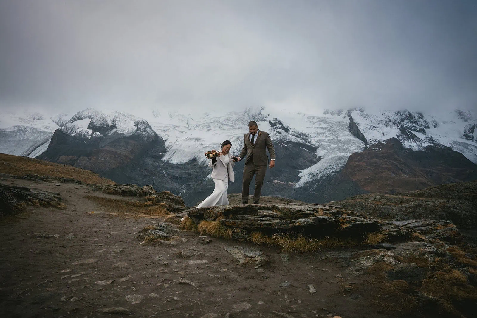 Glacier views unfolding as the couple celebrate their Gornergrat elopement