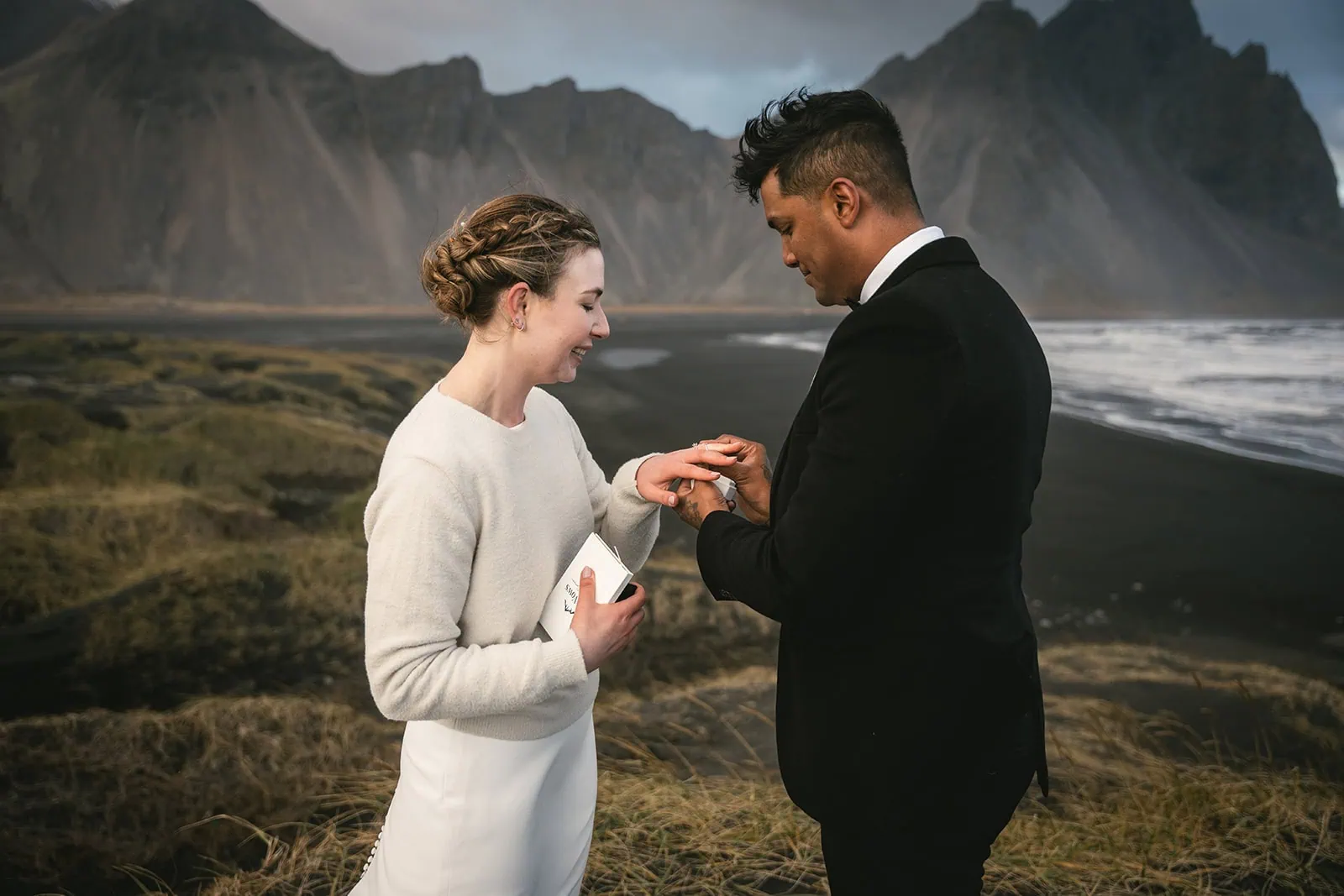 The exchange of the rings during an epic Hofn elopement ceremony
