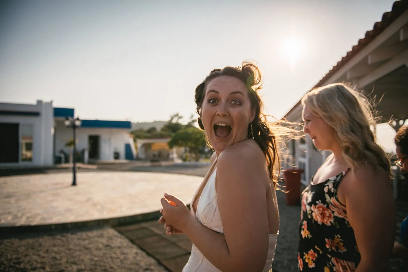 Bride faking surprise in her Rhodes Island elopement