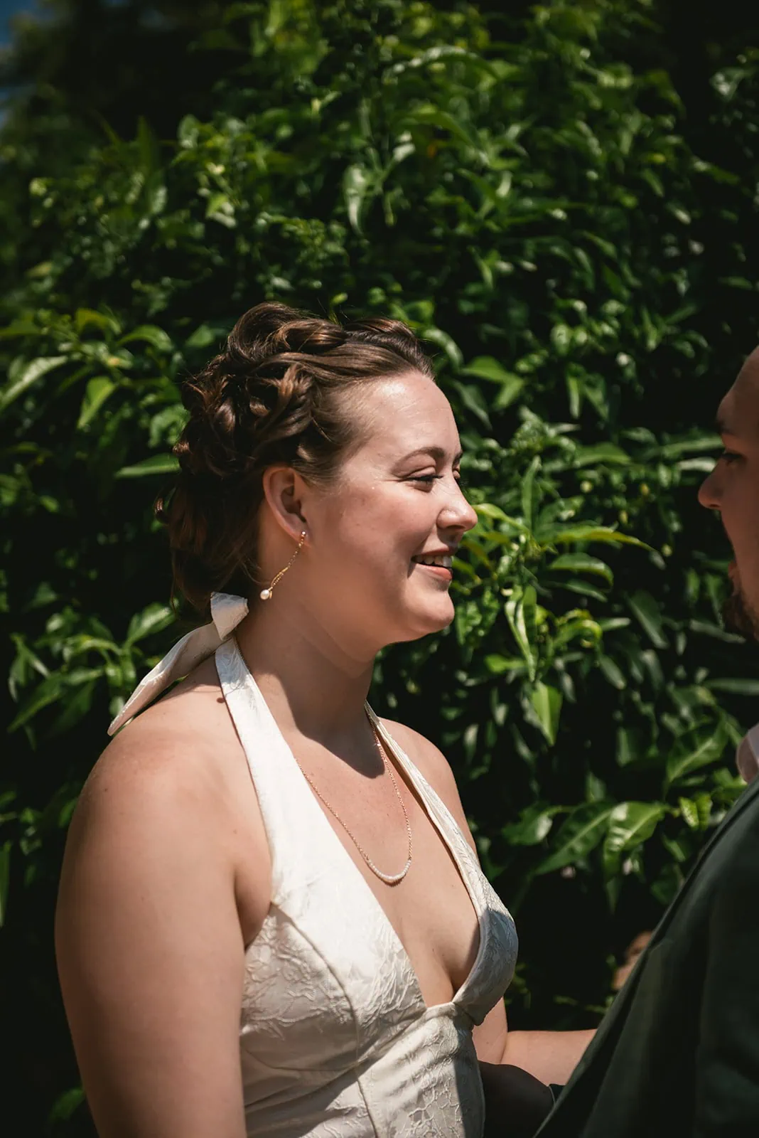 Bride smiling in her Rhodes Island elopement
