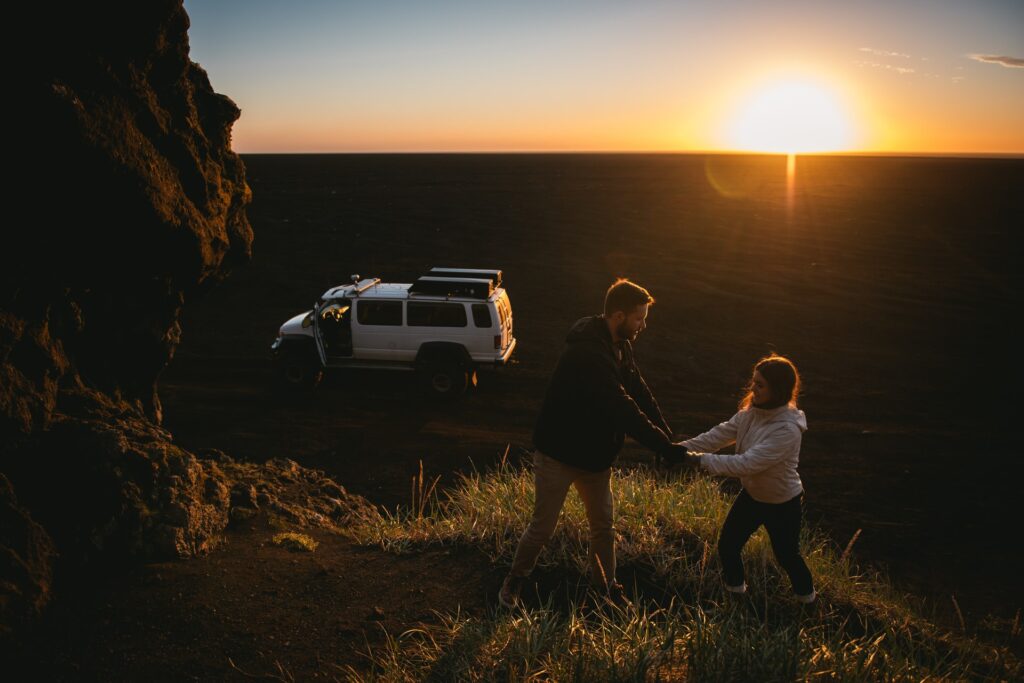 Couple on a super jeep adventure reaching a remote Iceland elopement location