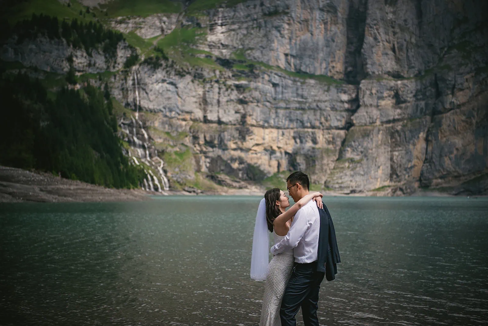 Time slowed down on the lake—Oeschinensee elopement magic suspended in air