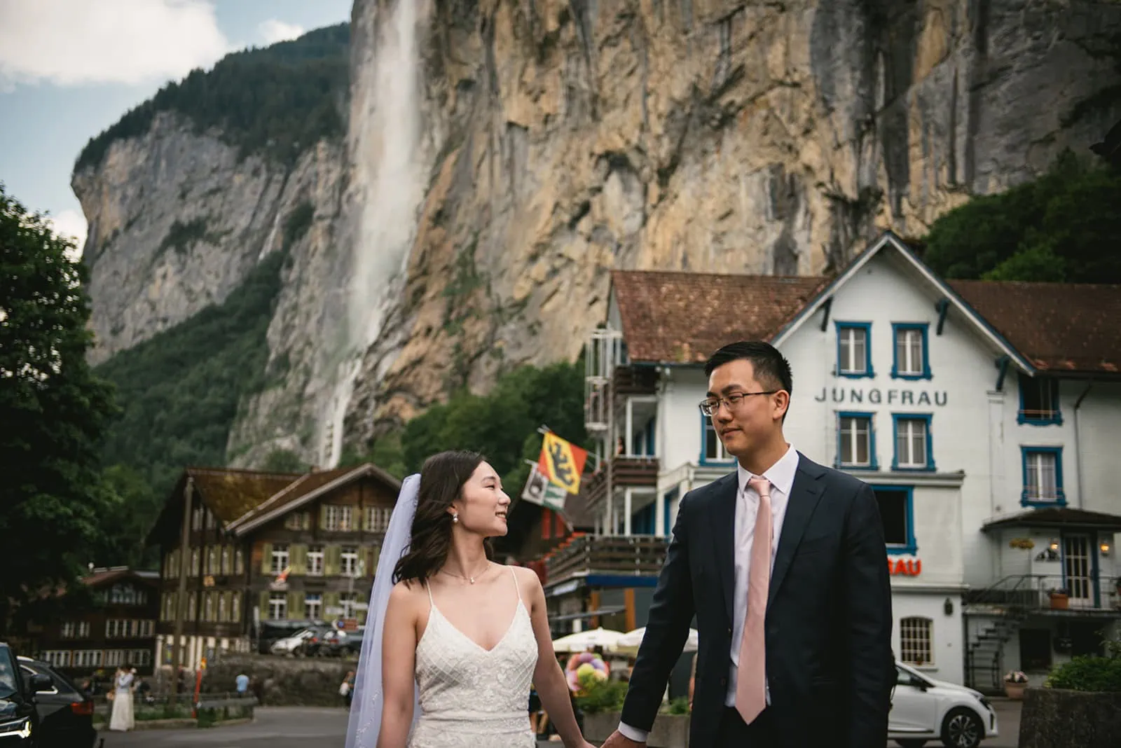 Last moment in this Swiss town, enjoying their Oeschinensee elopement
