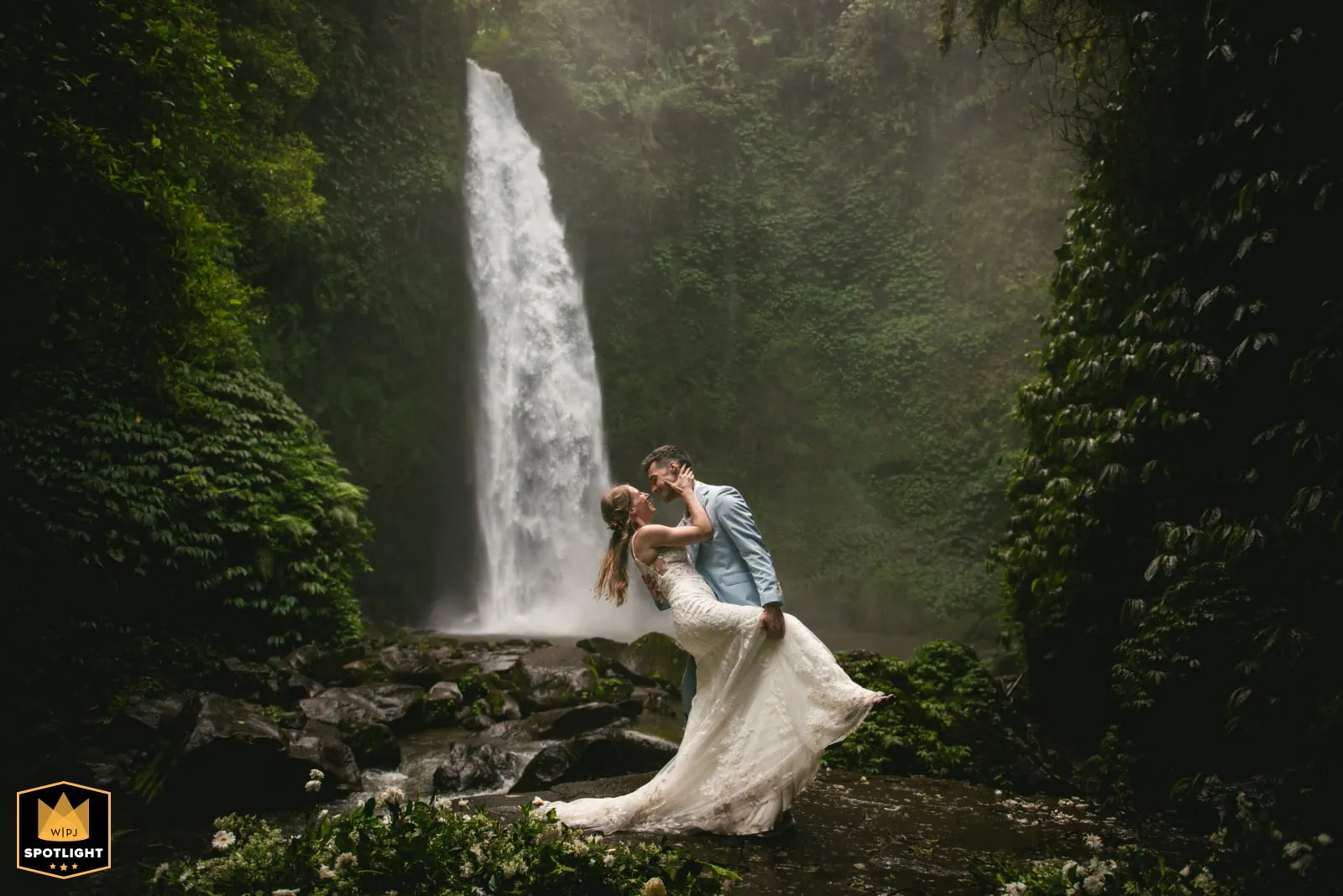 Couple standing in a remote international landscape during their destination elopement