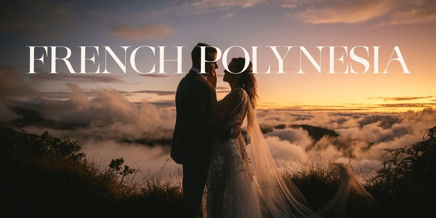 Elegant couple embracing during sunset in French Polynesia, perfect for romantic elopement photograp.