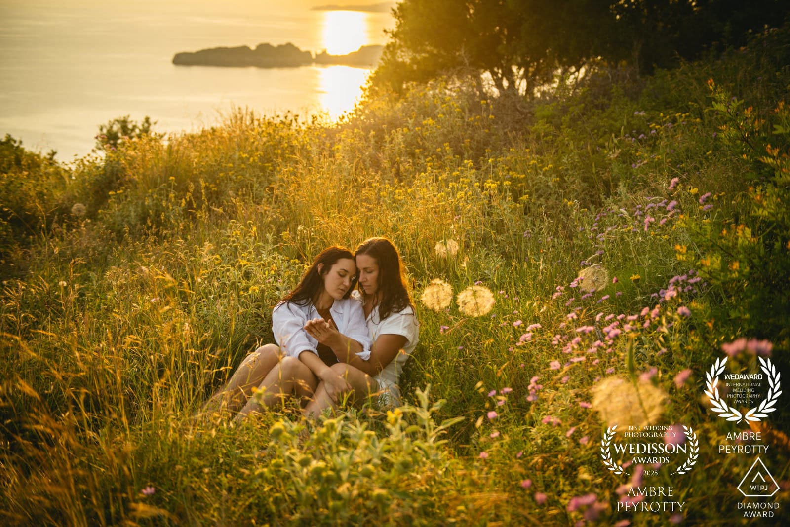 Elopement couple in a scenic Greek landscape at sunset.